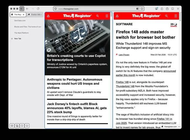 Firefox 149 beta with two panes: The Reg main page on the left, Firefox 148 on the right.