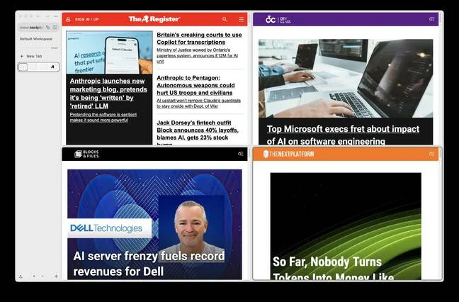 Zen showing a 2x2 arrangement of El Reg, Dev Class, Blocks and Files, and The Next Platform. 