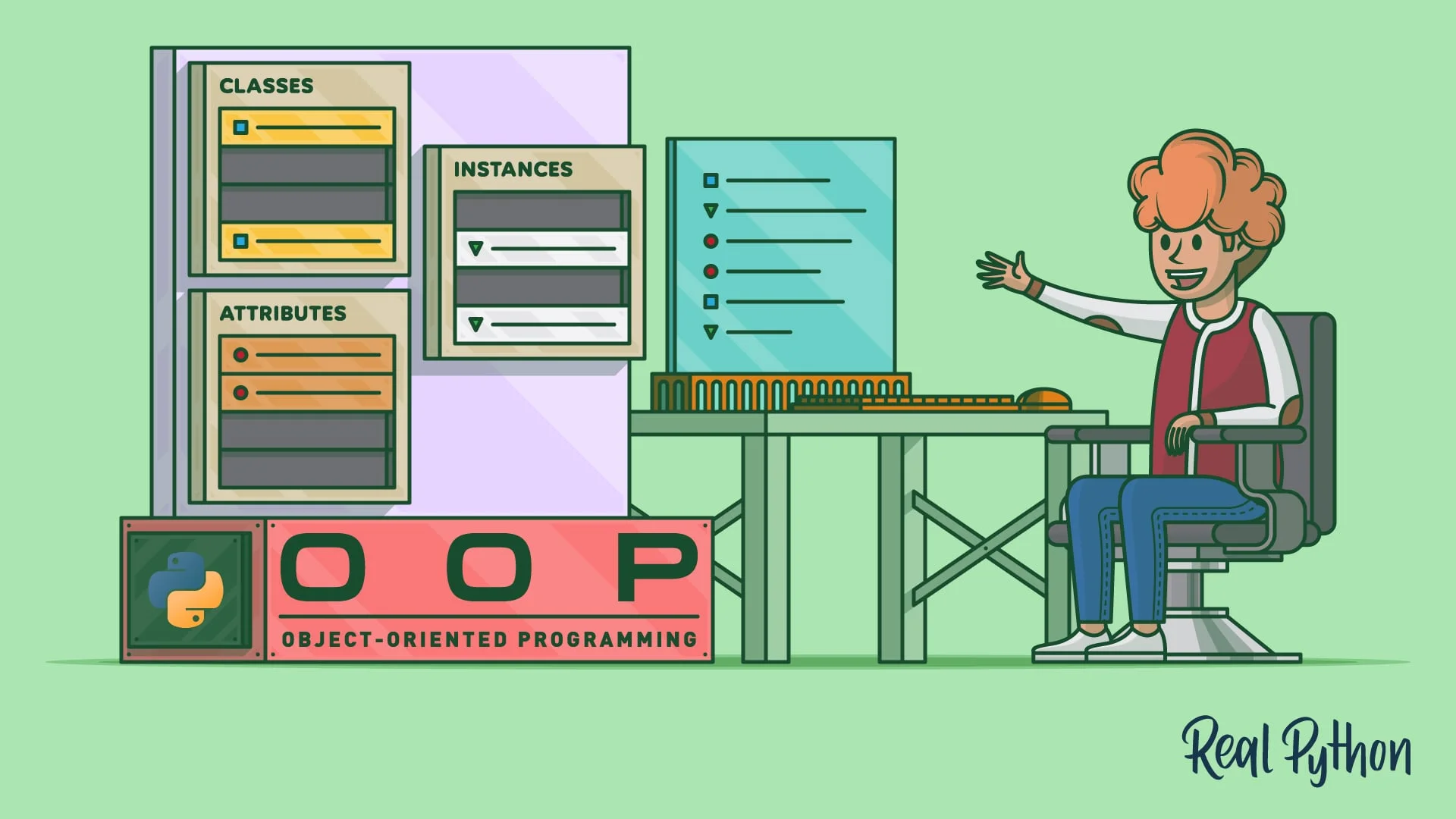 A person looking at objects and concepts of object-oriented programming feeling happy that they're grasping the fundamentals.